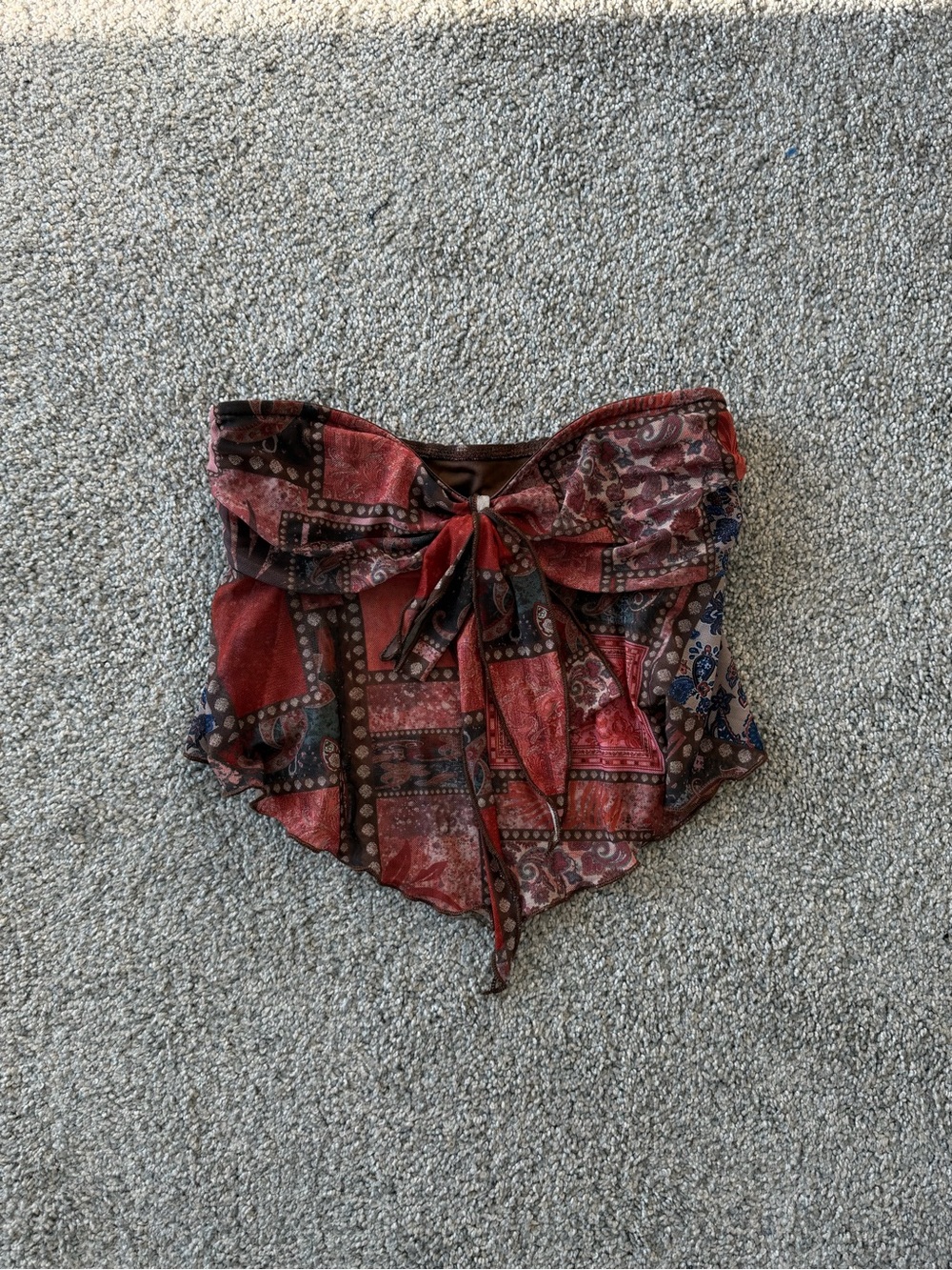 Red Patterned Strapless Tie-Front Bandeau Top